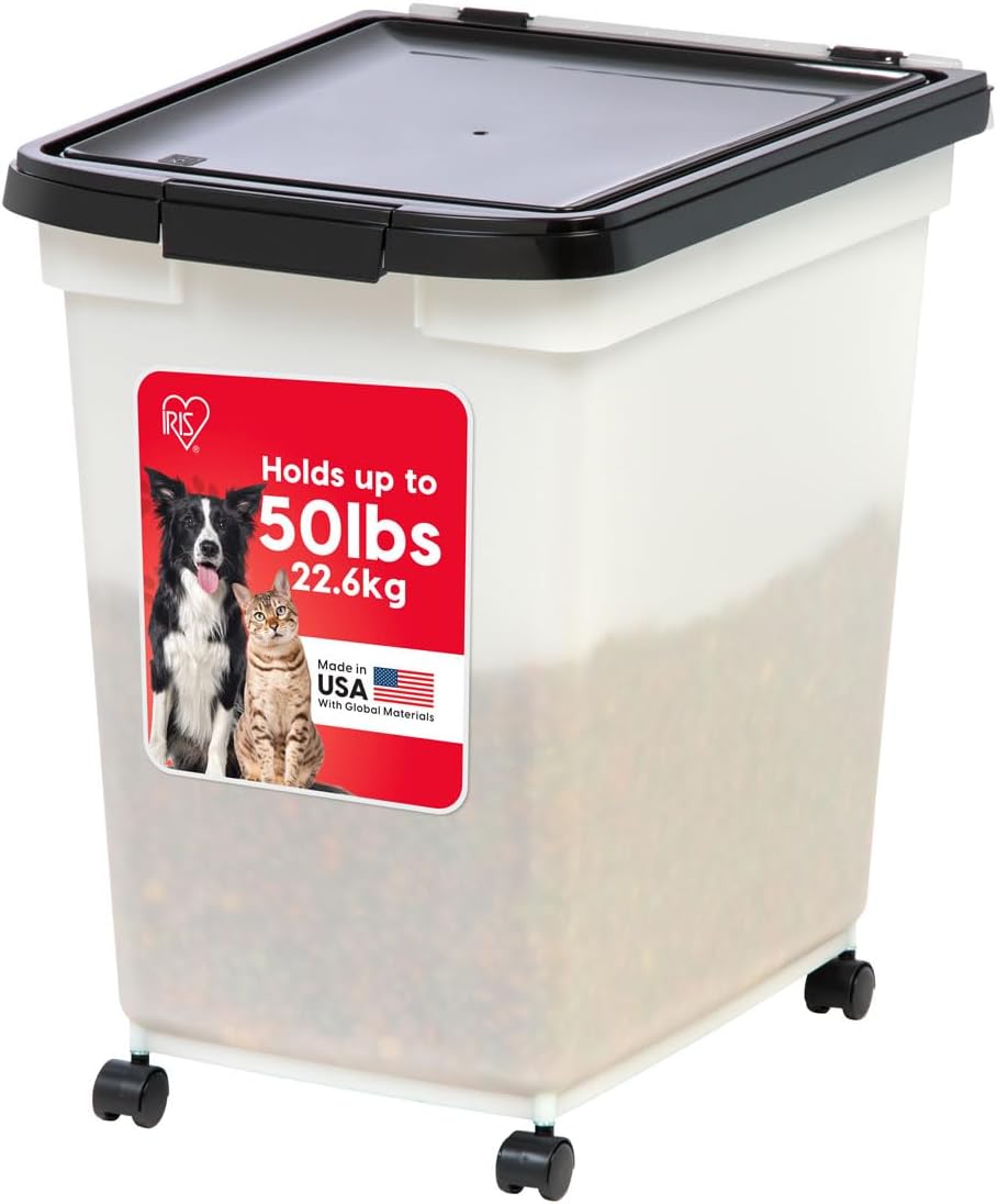 IRIS USA pet food container in Pearl/Black color on a kitchen floor