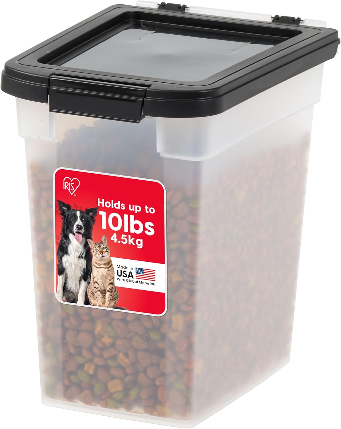 IRIS USA pet food container on a kitchen counter with dry food inside