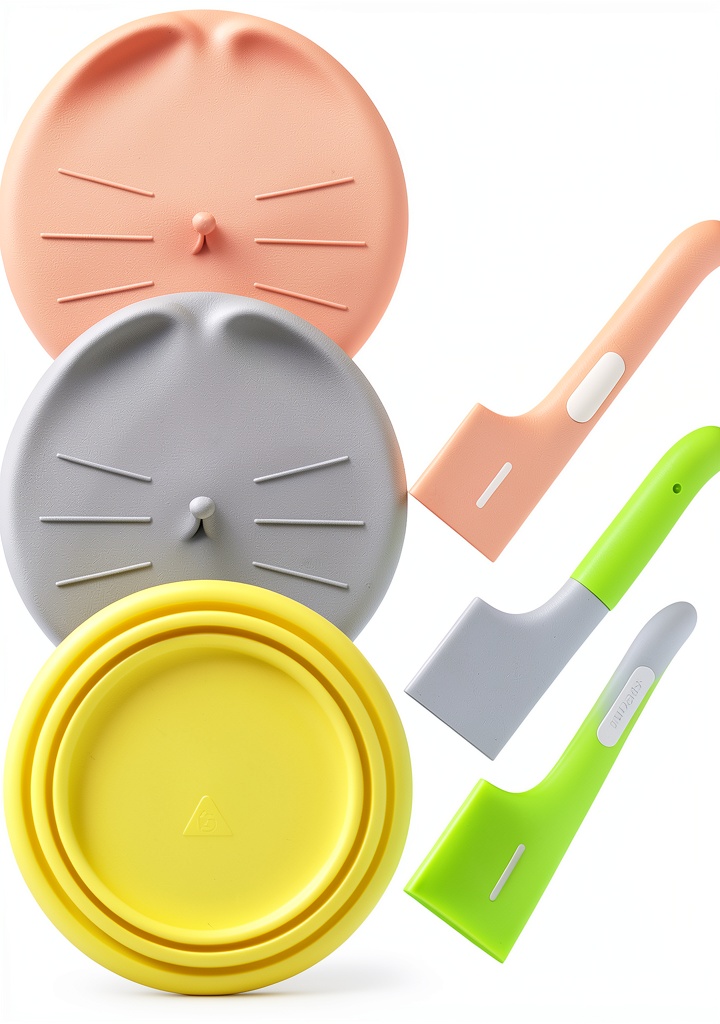 KALAMANDA cat food can lids and spoons set in pink, green, and grey colors