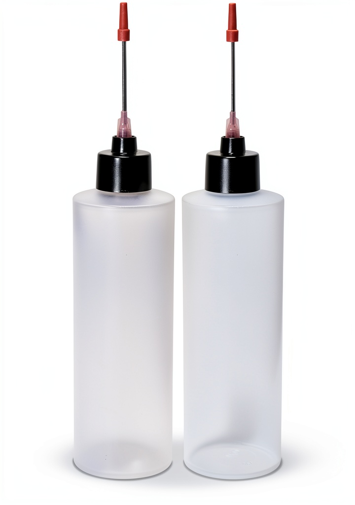 Liberty Products stainless steel dispenser 4oz on a kitchen countertop with sauce bottles nearby