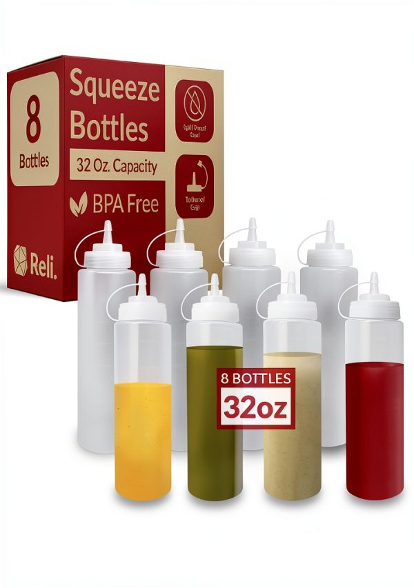 Reli Condiment Squeeze Bottle 32 oz Clear BPA-Free 8-Pack Easy Squeeze-0
